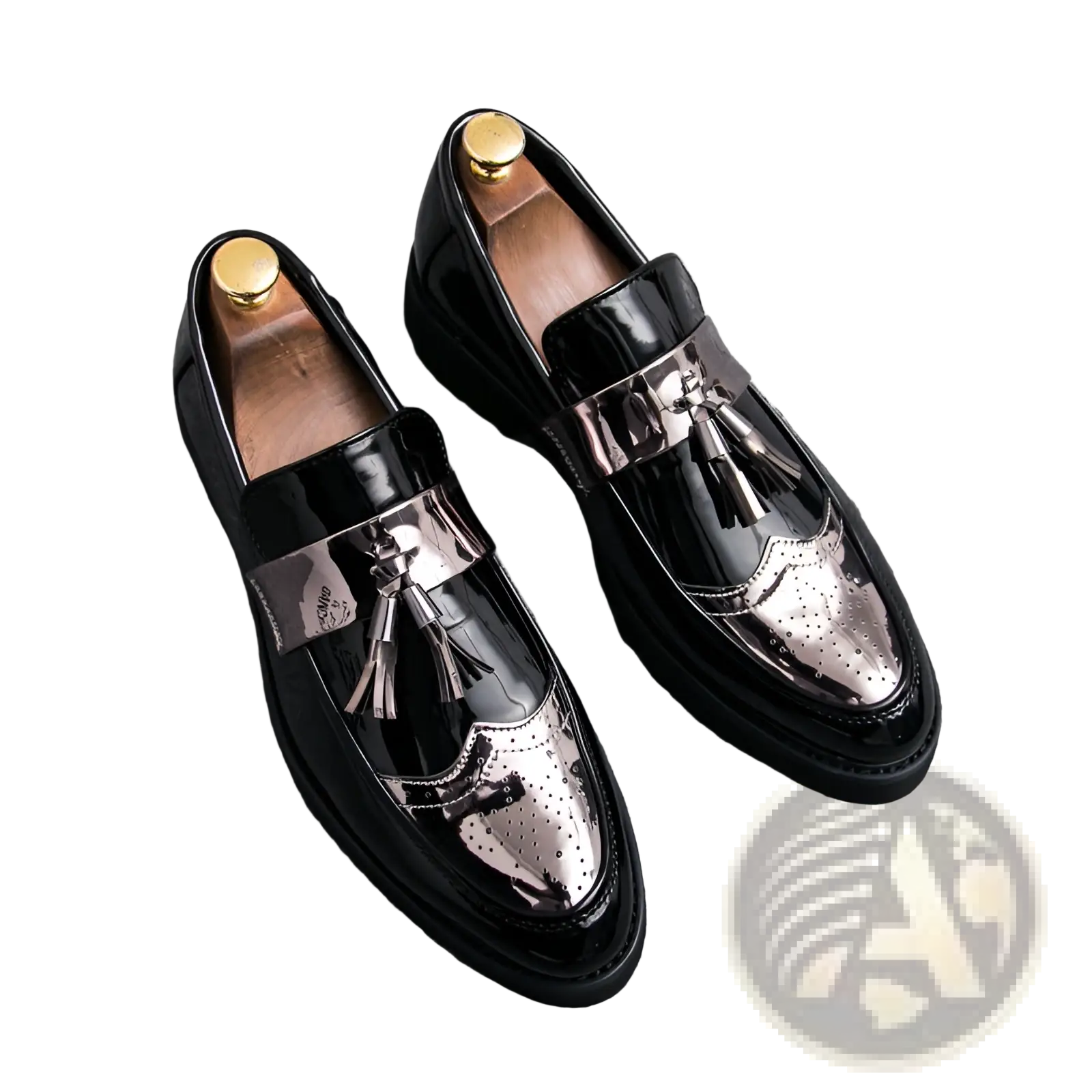 Men’s patent leather tassel loafers in black with silver metallic strap and detailed tassel accents