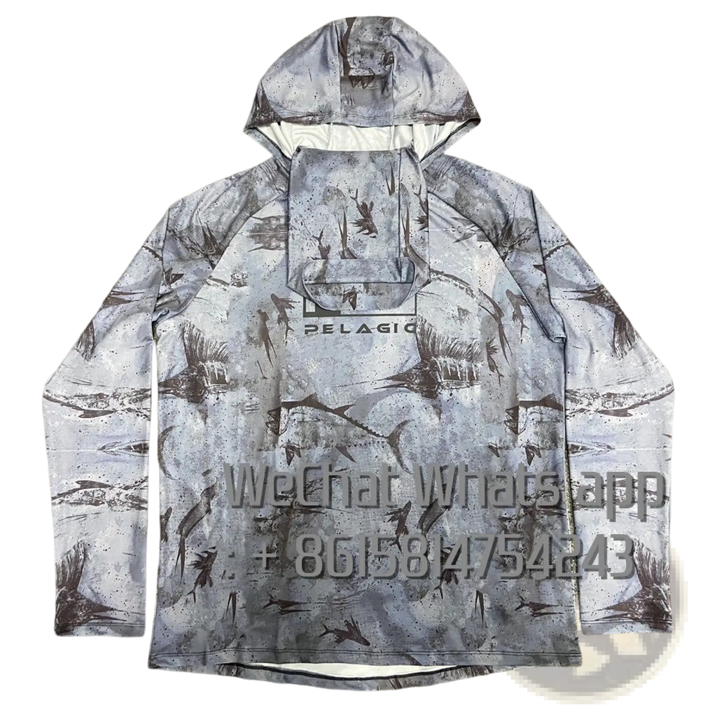 Gray and black marlin-patterned men’s pelagic UV protection ice silk fishing hoodie with white lining and brand logo on chest