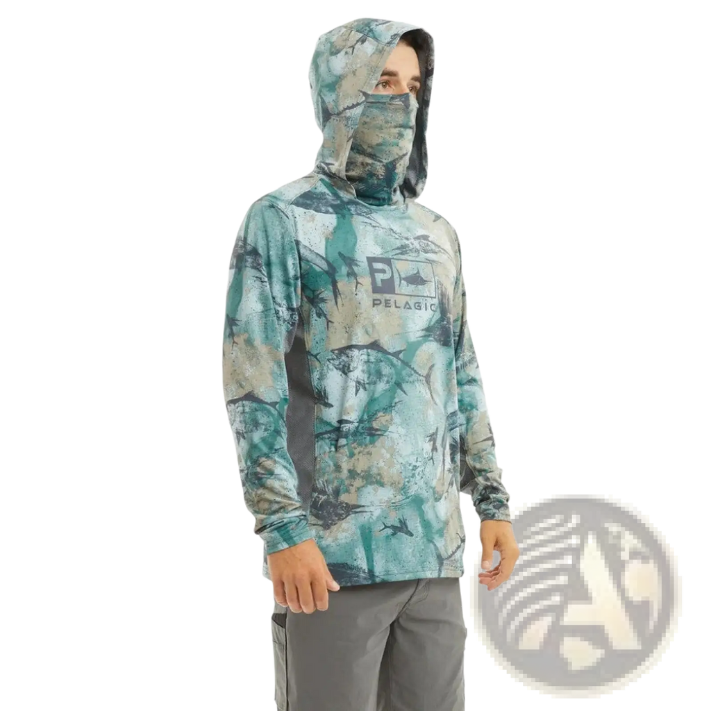 Men’s pelagic uv protection ice silk fishing hoodie in teal and gray camouflage with built-in face mask and logo on chest