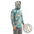 Men’s pelagic uv protection ice silk fishing hoodie in teal and gray camouflage with built-in face mask and logo on chest