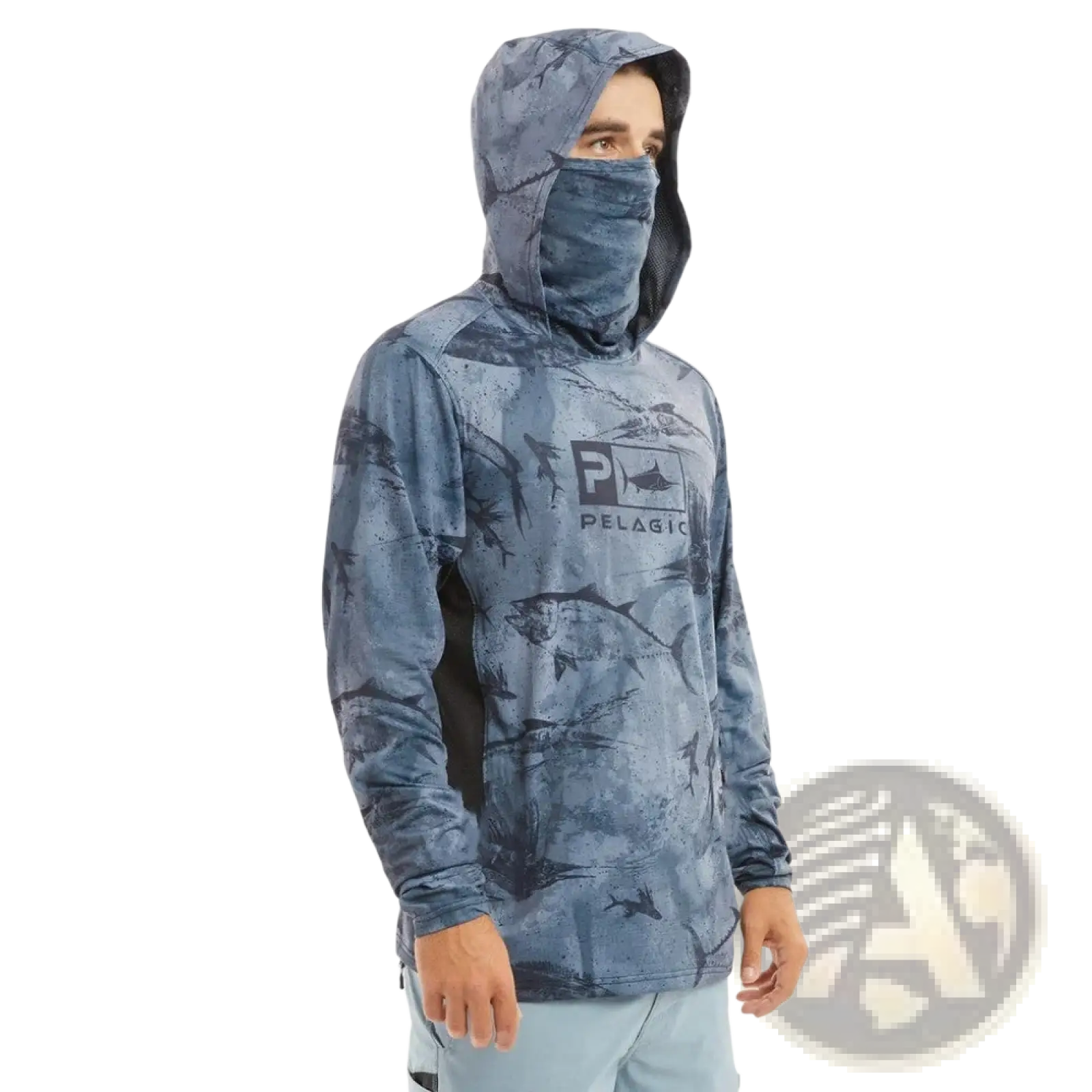 Men’s pelagic uv protection ice silk fishing hoodie in blue camouflage with integrated face mask and long sleeves