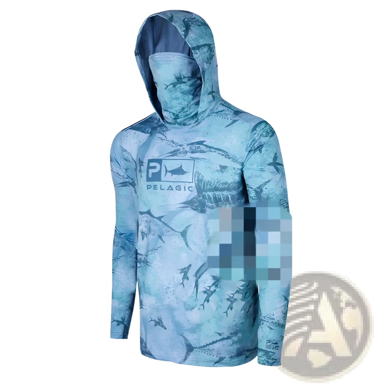 A light blue men’s pelagic UV protection ice silk fishing hoodie with shark and marine pattern and brand logo on chest