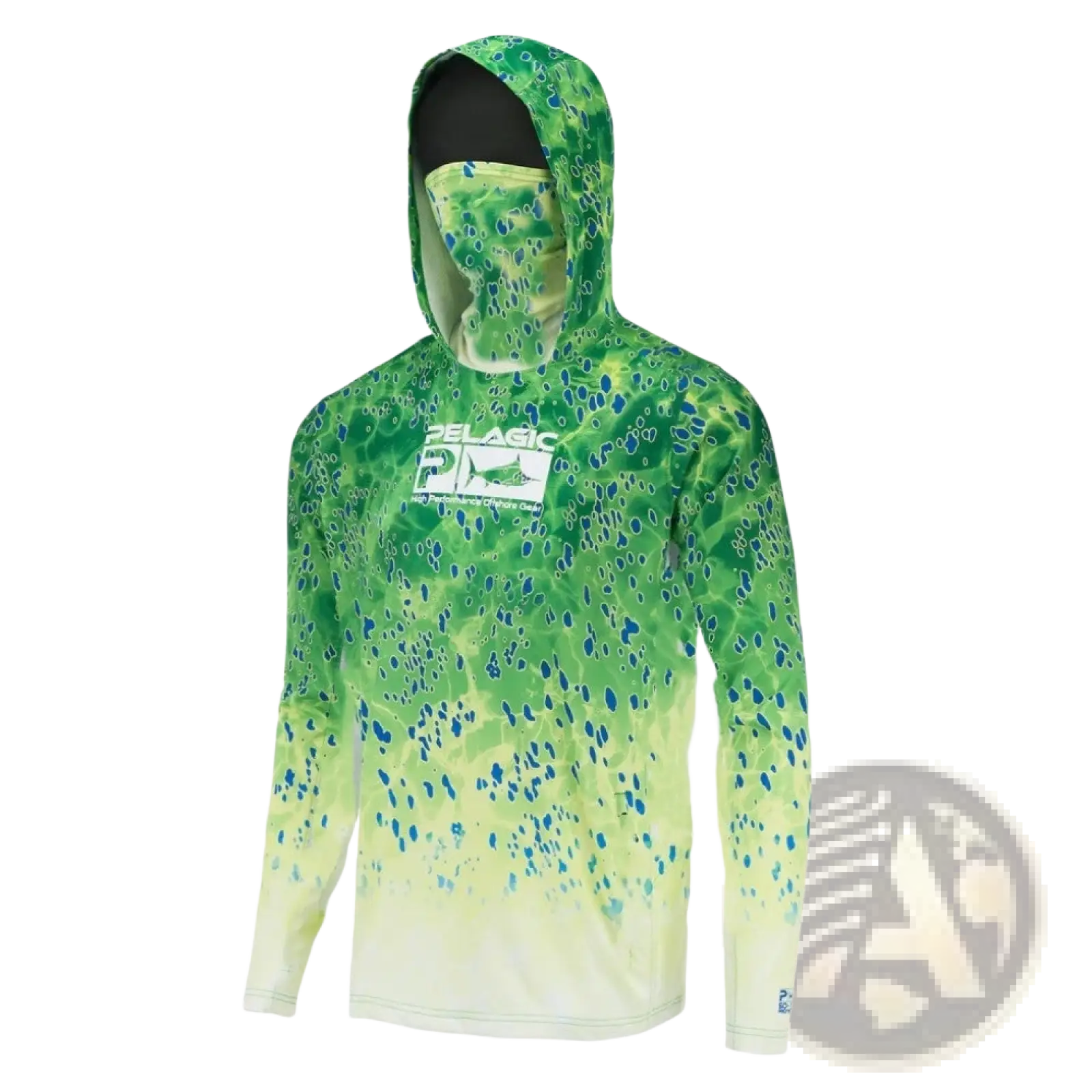 Men’s Pelagic UV protection ice silk fishing hoodie in green and blue marble with hood and integrated face mask