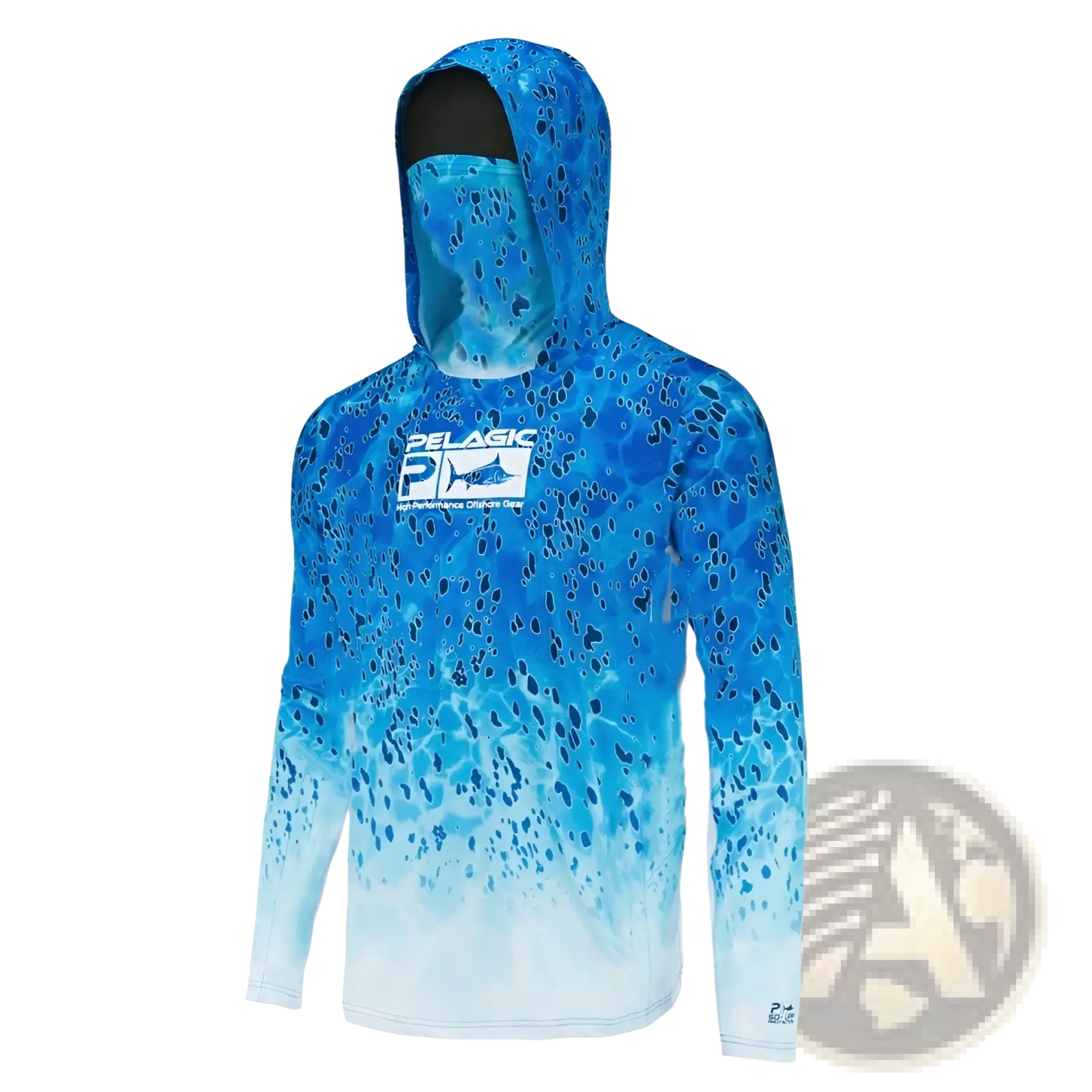 Men’s Pelagic UV protection ice silk fishing hoodie in blue gradient with fish pattern and built-in face mask