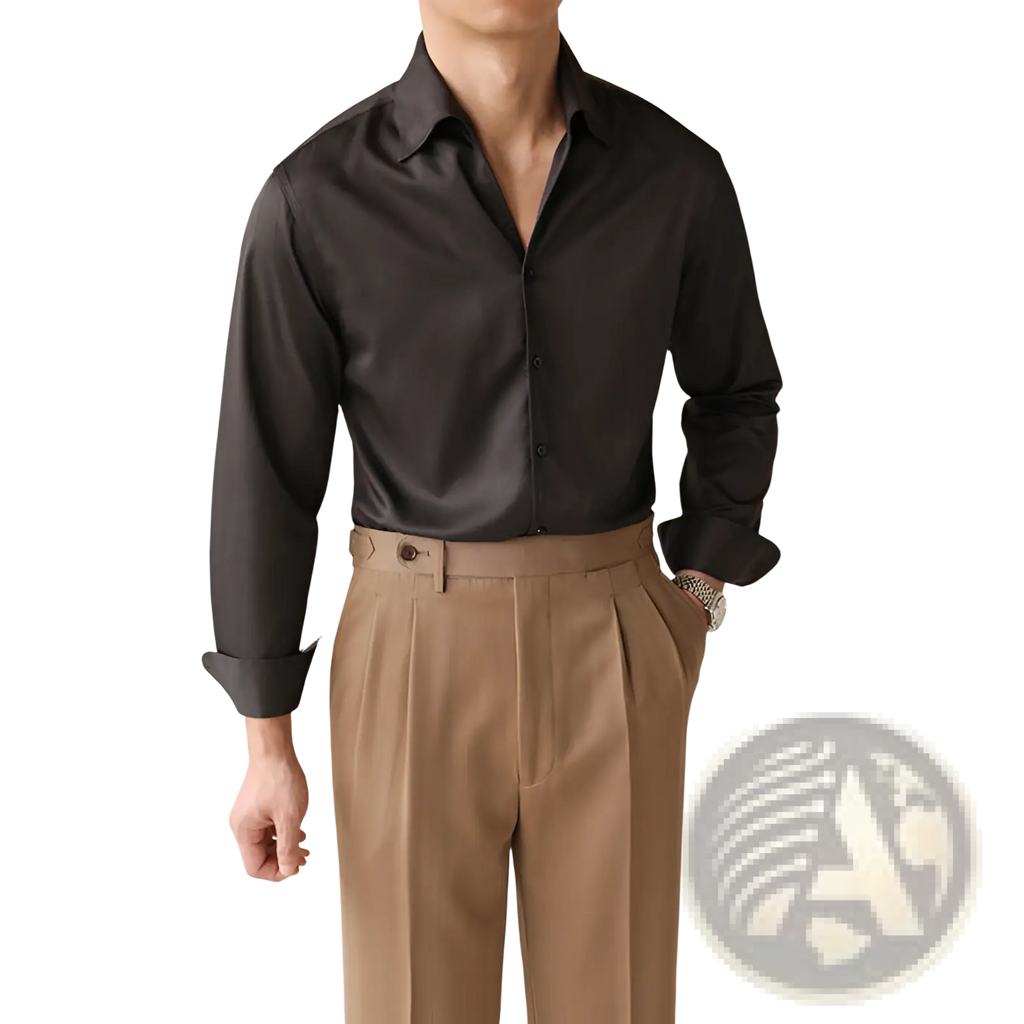 Men’s black satin one-piece collar business shirt with long sleeves, crisp collar, and rolled cuffs