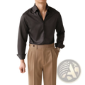 Men’s black satin one-piece collar business shirt with long sleeves, crisp collar, and rolled cuffs