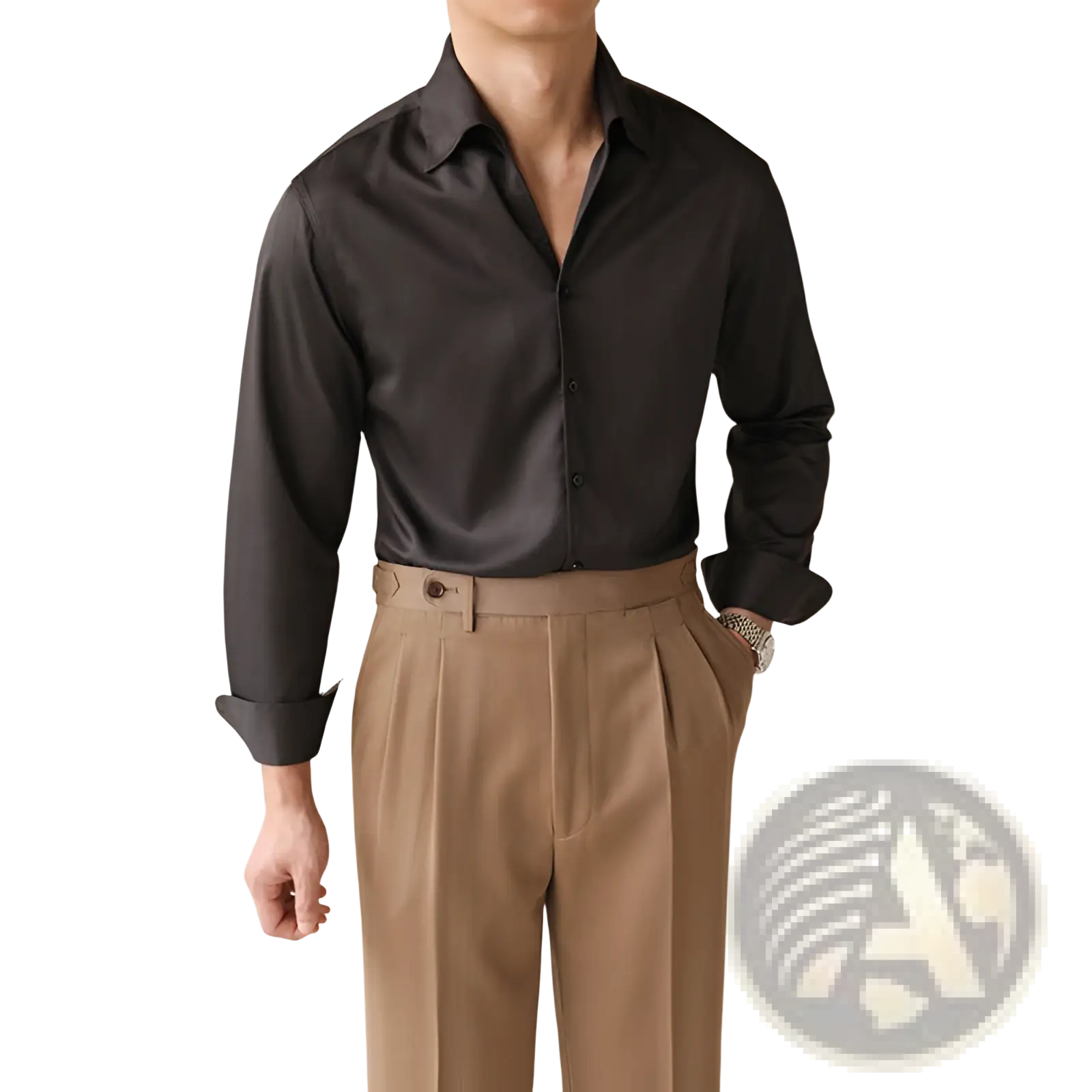 Men’s black satin one-piece collar business shirt with long sleeves, crisp collar, and rolled cuffs