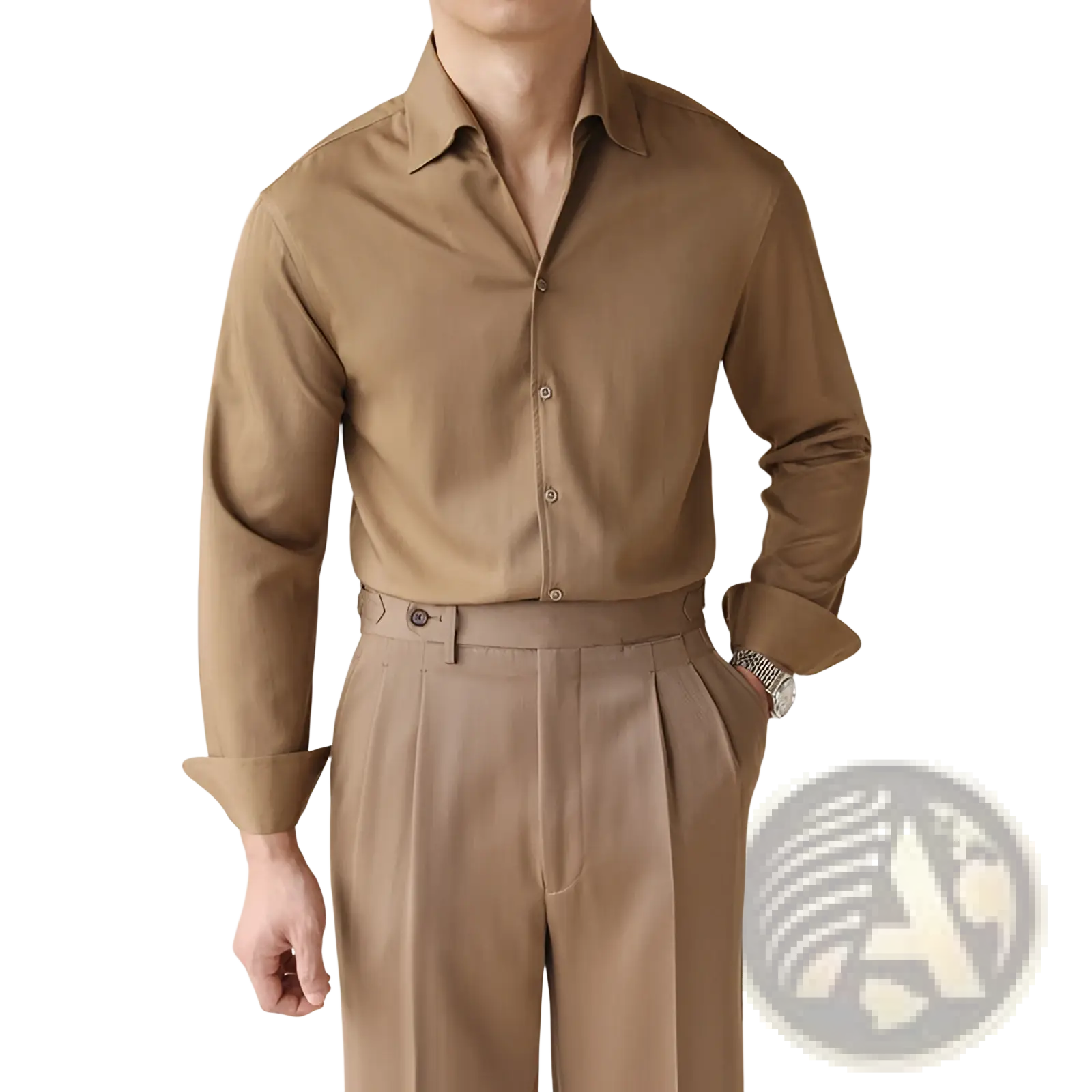 A sleek tan men’s one-piece collar satin long sleeve business shirt with crisp collar and rolled cuffs