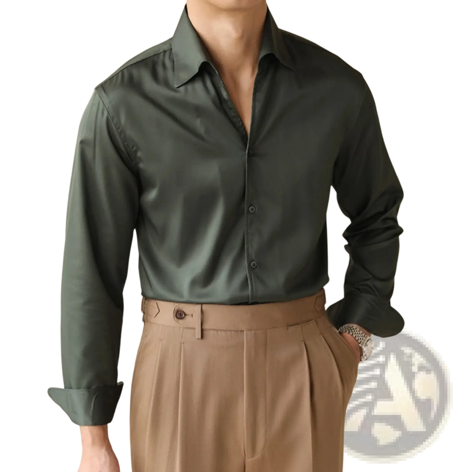 Men’s dark green satin long sleeve business shirt with one-piece collar, button-down front, and rolled cuffs