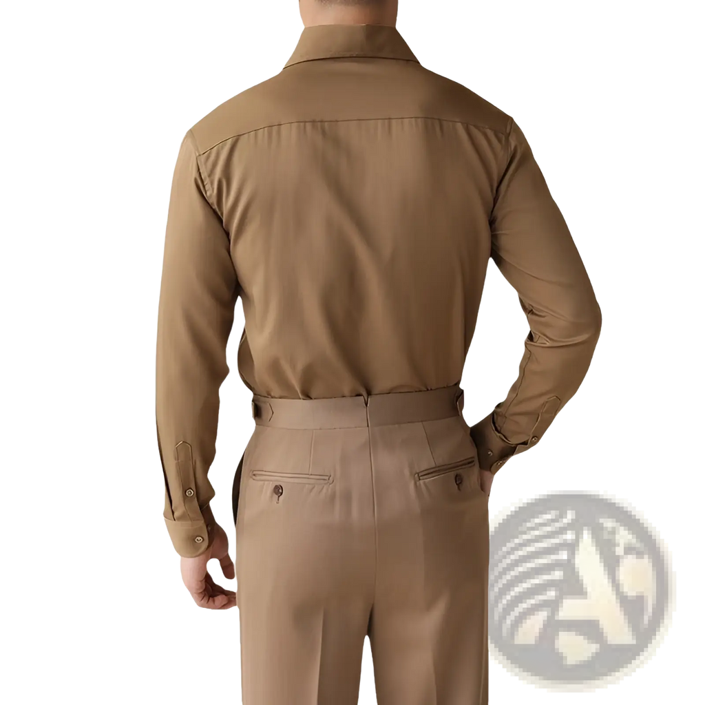 Men’s tan cotton button-down business shirt with classic collar and matching trousers in satin long sleeve design
