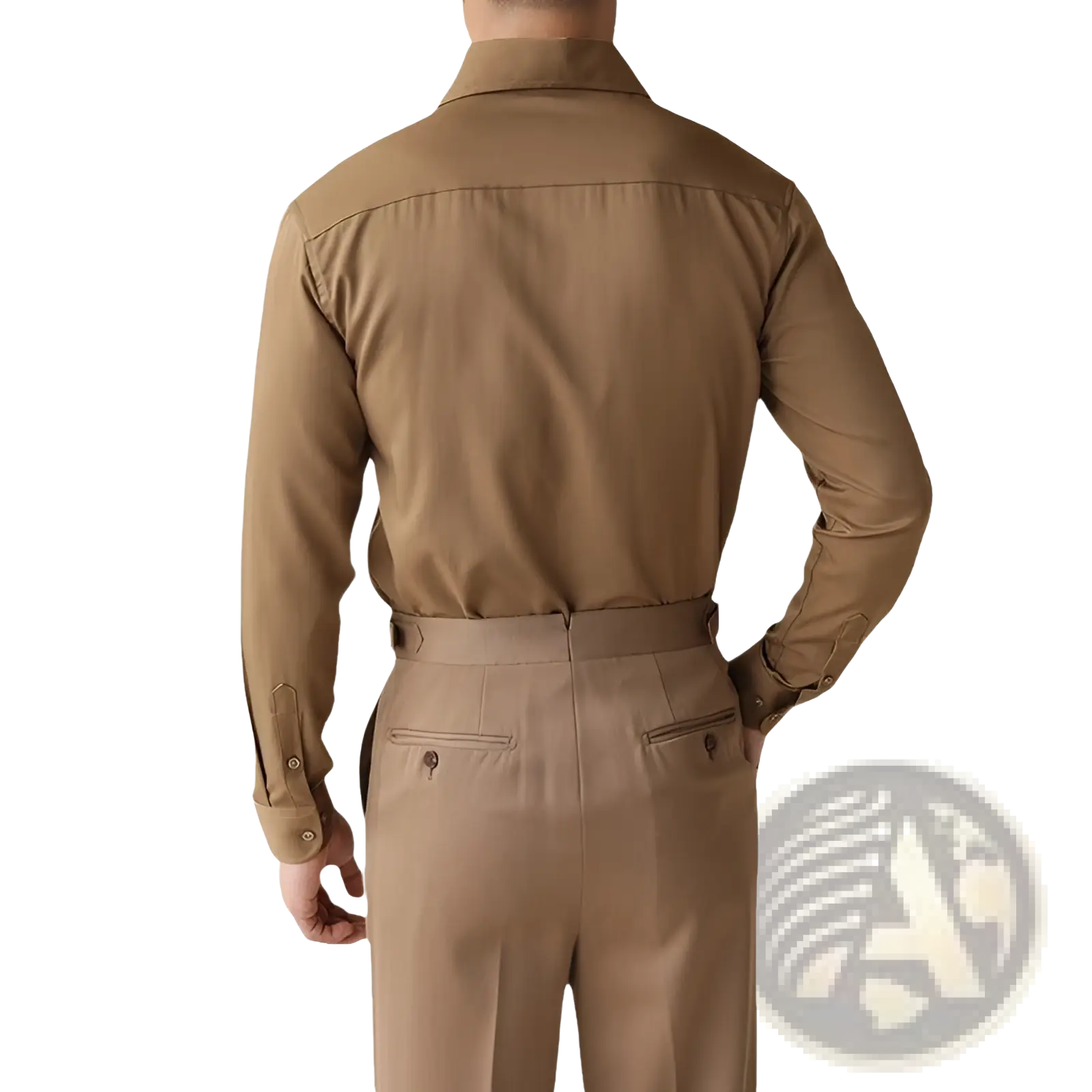 Men’s tan cotton button-down business shirt with classic collar and matching trousers in satin long sleeve design