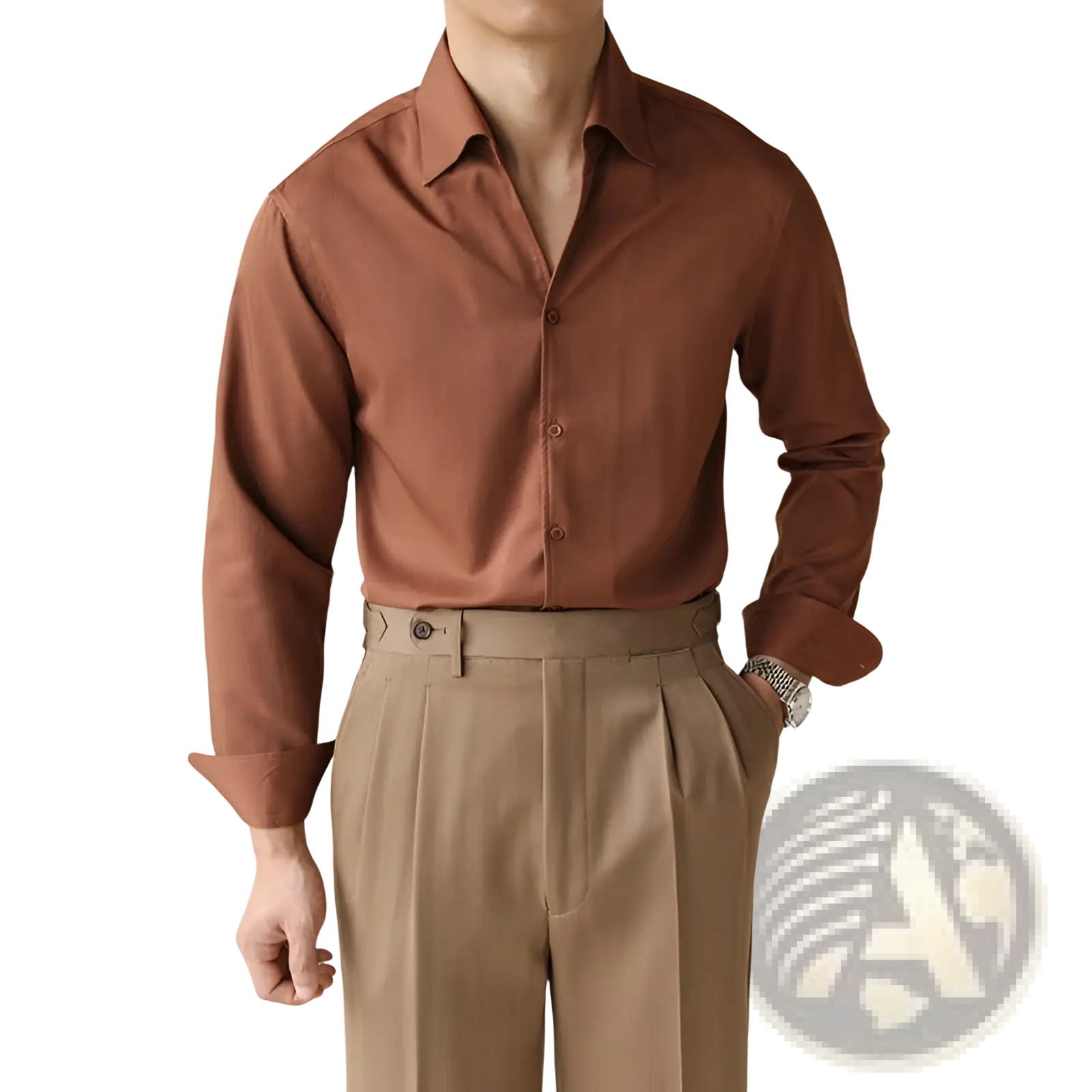 A rust-colored satin men’s one-piece collar long sleeve business shirt with a classic collar and button-down front