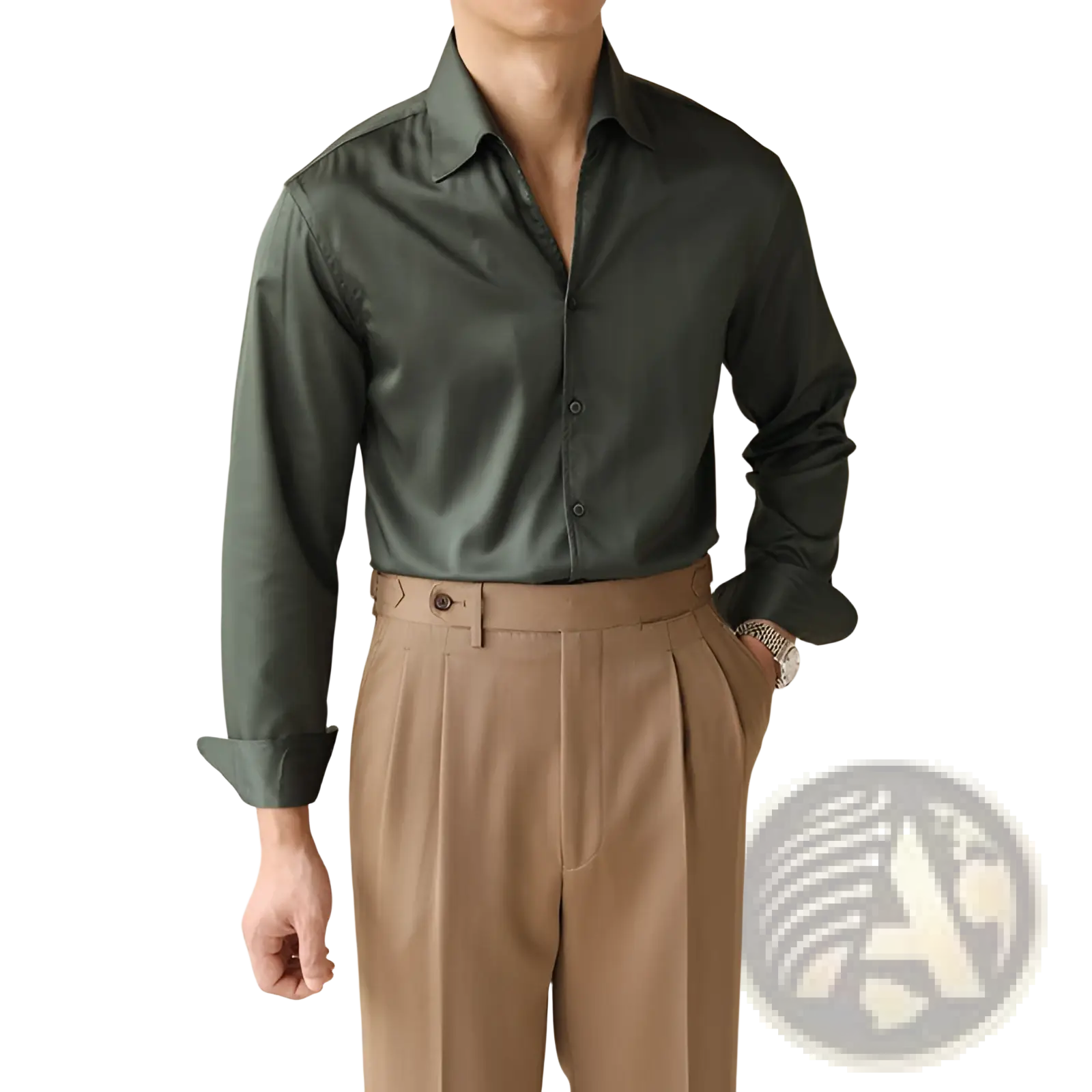 Men’s dark green satin one-piece collar long sleeve business shirt with crisp collar and neatly rolled cuffs