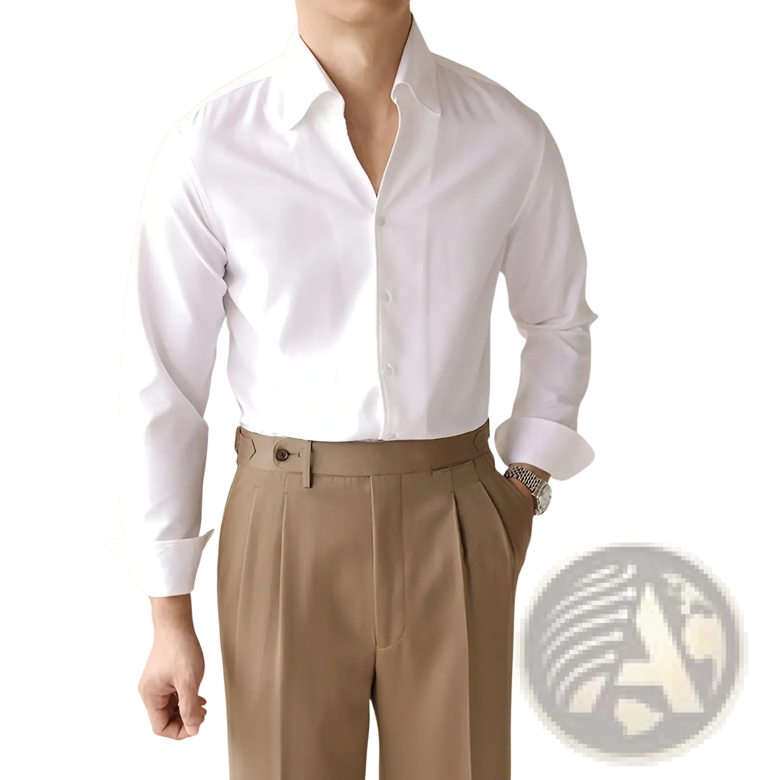 A crisp white satin men’s one-piece collar long sleeve business shirt with a classic collar and button-down front