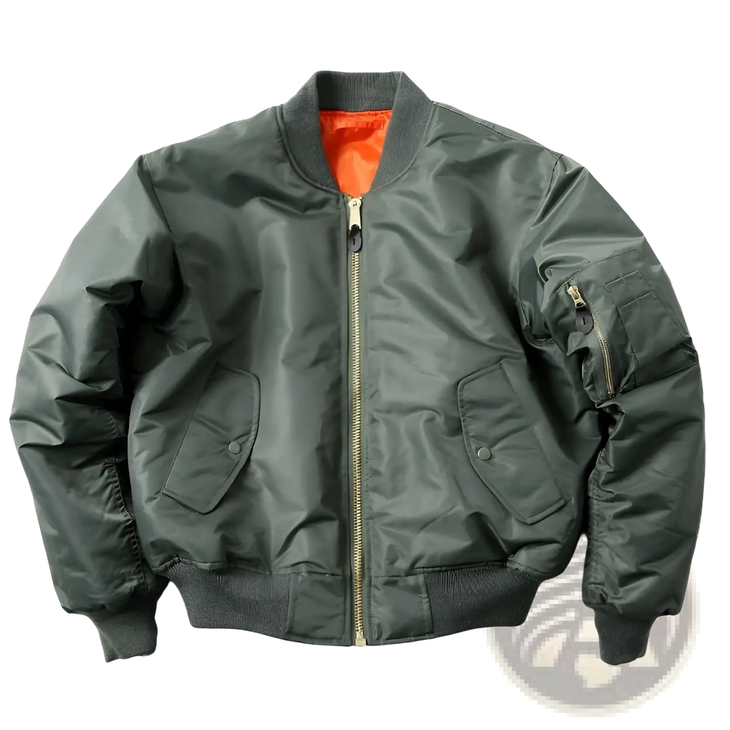 Men’s pilot cotton bomber jacket in dark olive green with bright orange lining and gold-toned zipper