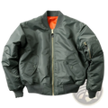 Men’s pilot cotton bomber jacket in dark olive green with bright orange lining and gold-toned zipper