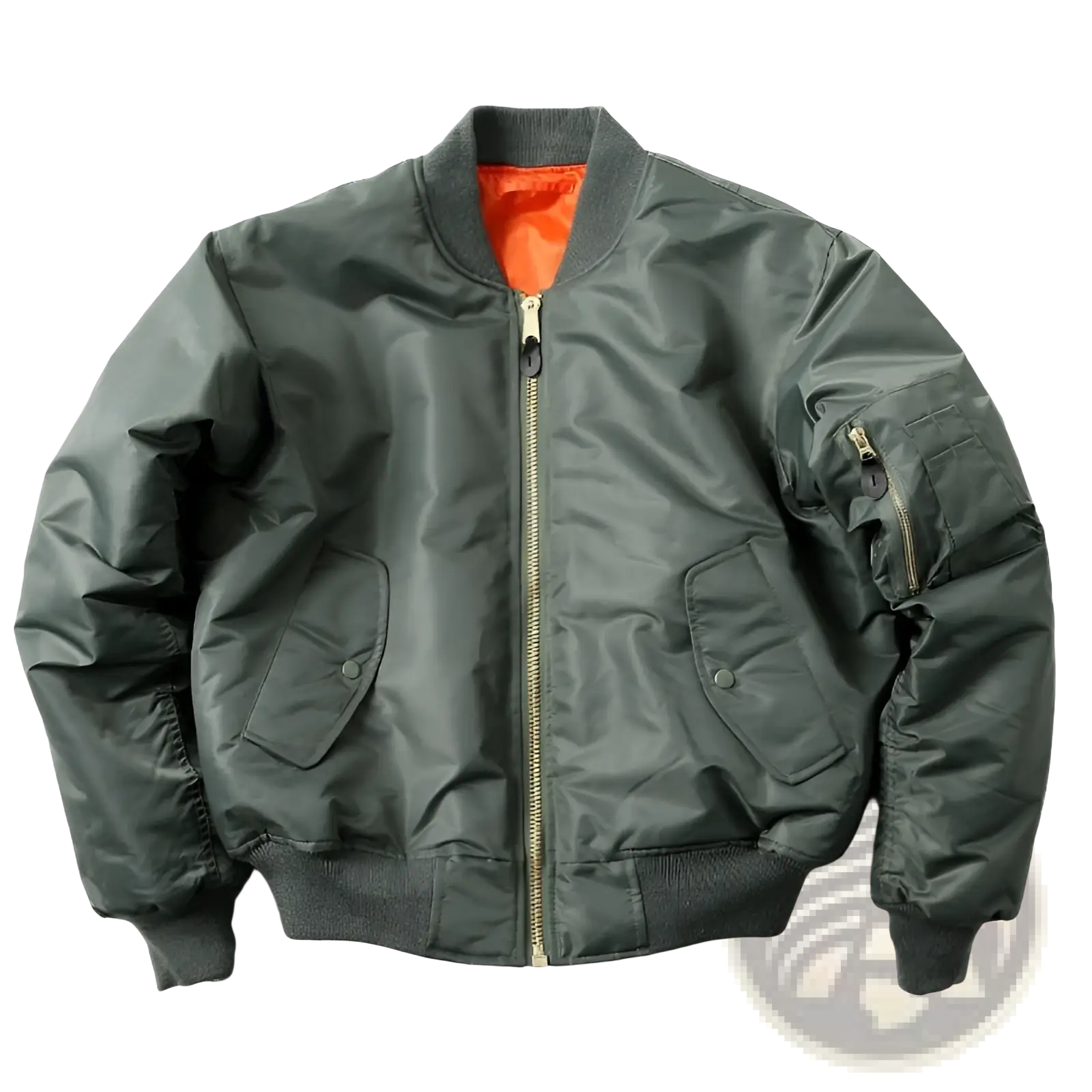 Men’s pilot cotton bomber jacket in dark olive green with bright orange lining and gold-toned zipper