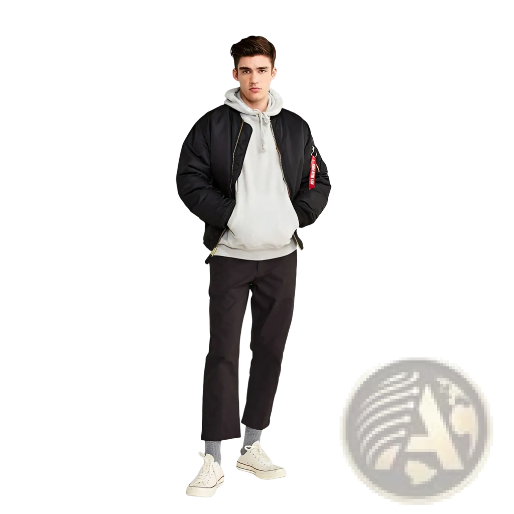 Black alpha industries men’s pilot cotton bomber jacket with red patch on sleeve shown from the back side