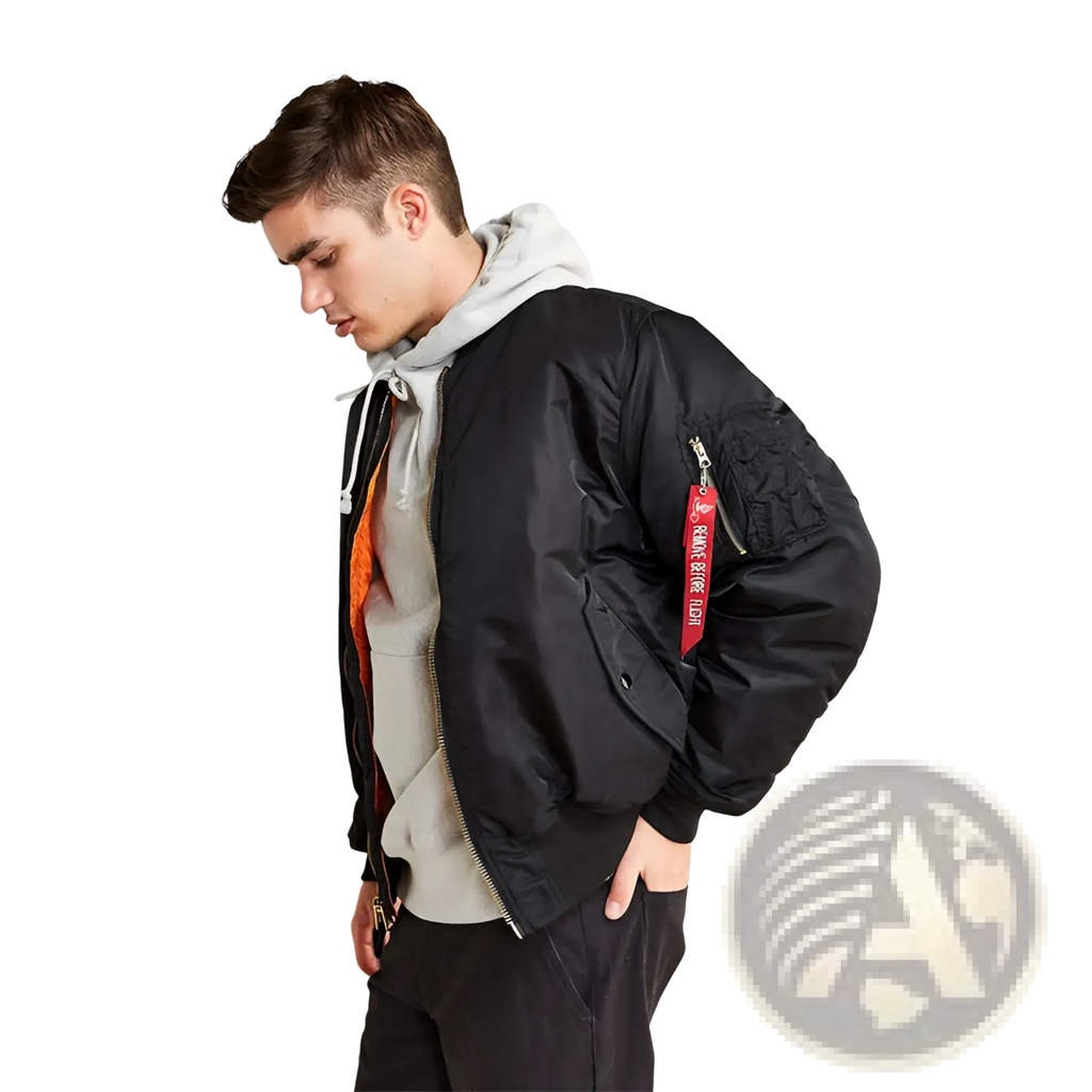 Men’s pilot cotton bomber jacket in black matte nylon with red sleeve patch and orange lining visible