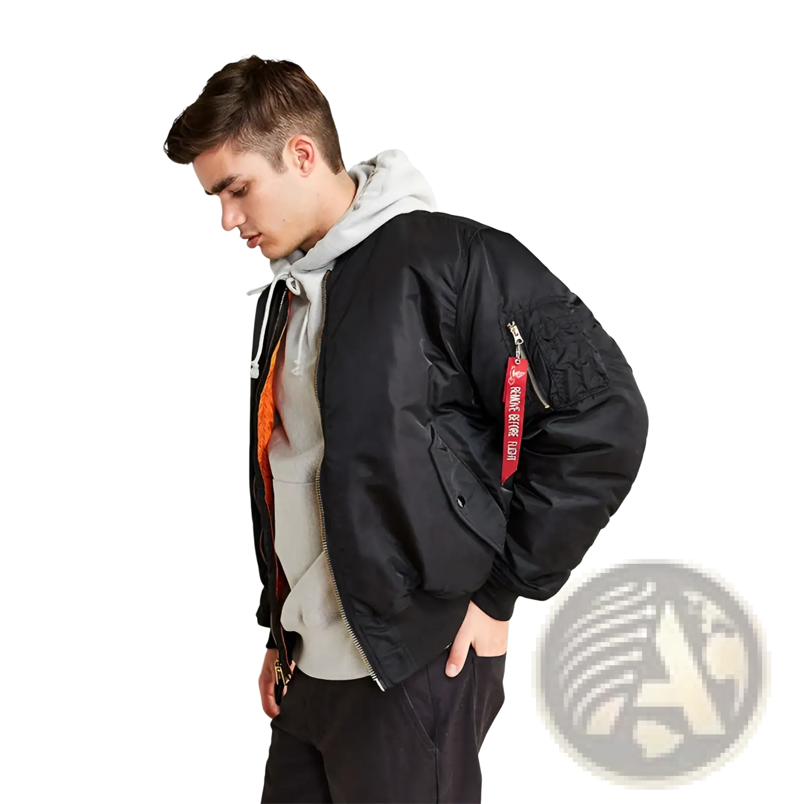 Men’s pilot cotton bomber jacket in black matte nylon with red sleeve patch and orange lining visible
