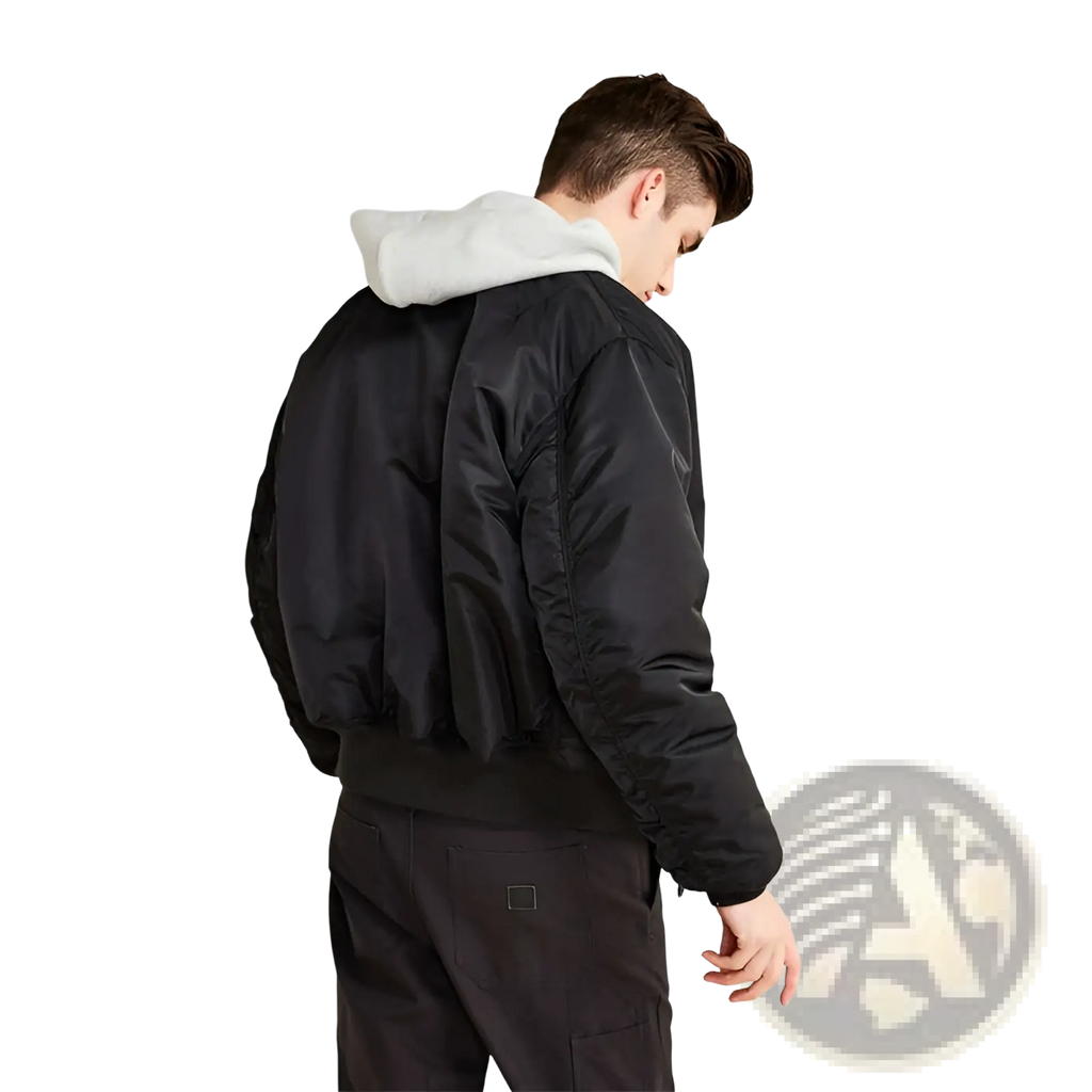 Men’s pilot cotton bomber jacket in black nylon with a contrasting light gray hood shown from the back side