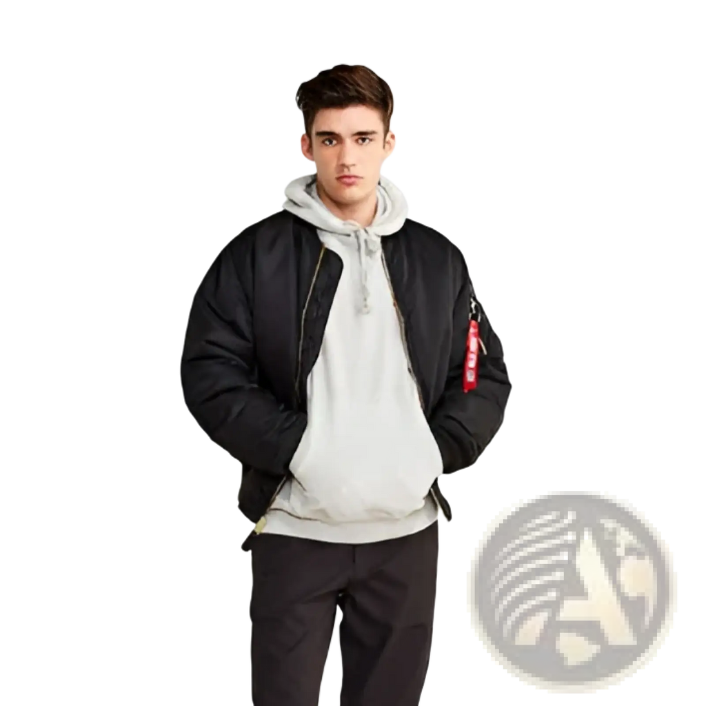Men’s pilot cotton bomber jacket in black with a red patch on the sleeve, shown from the back side