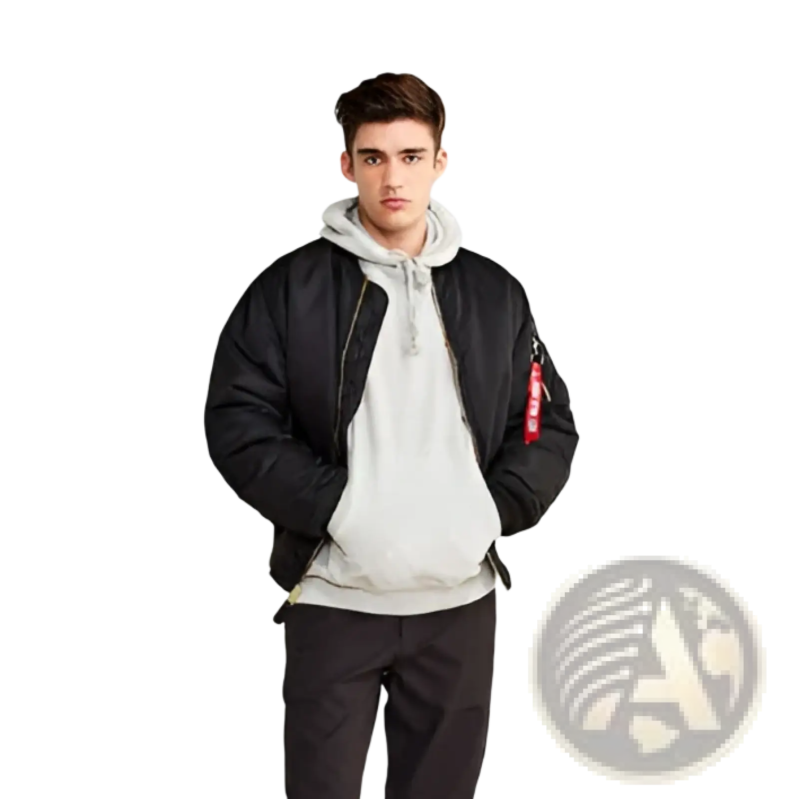 Men’s pilot cotton bomber jacket in black with a red patch on the sleeve, shown from the back side