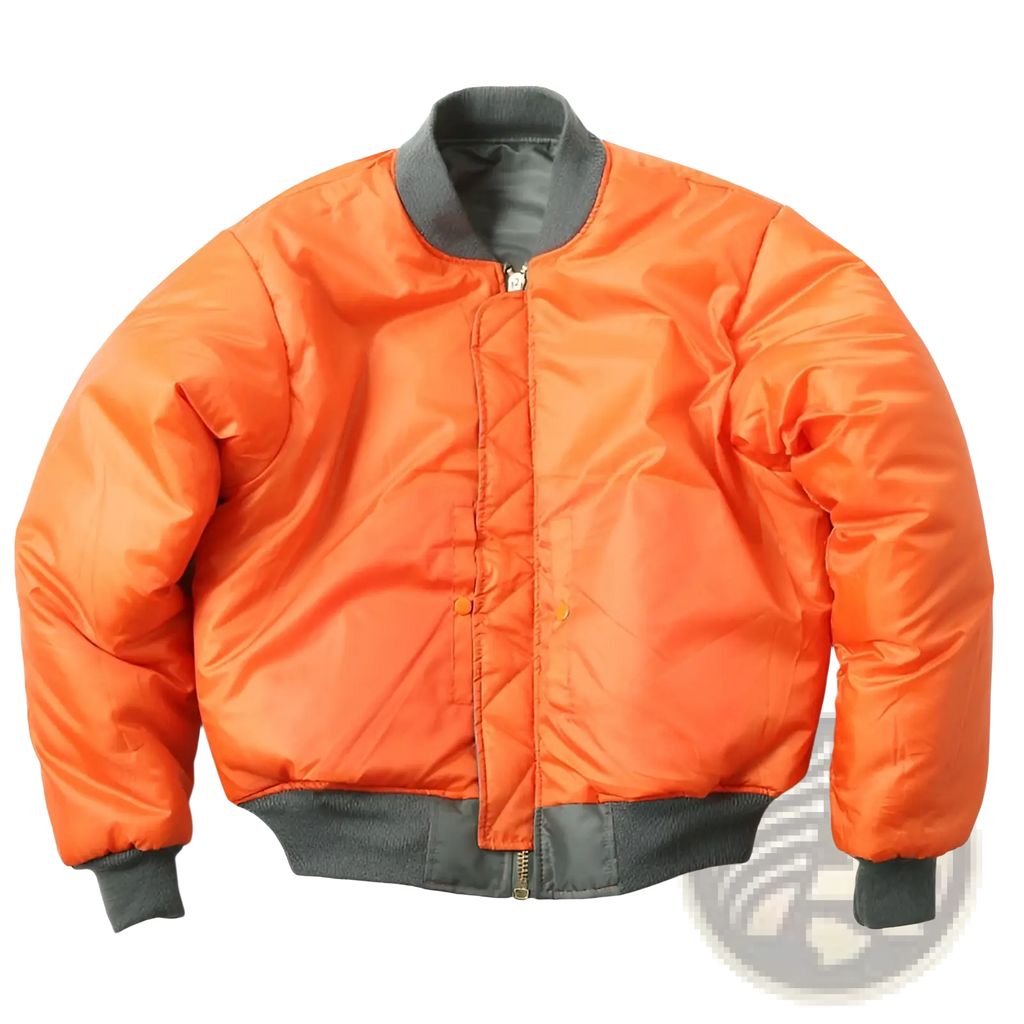 Men’s pilot cotton bomber jacket in bright orange with dark gray ribbed collar cuffs and waistband