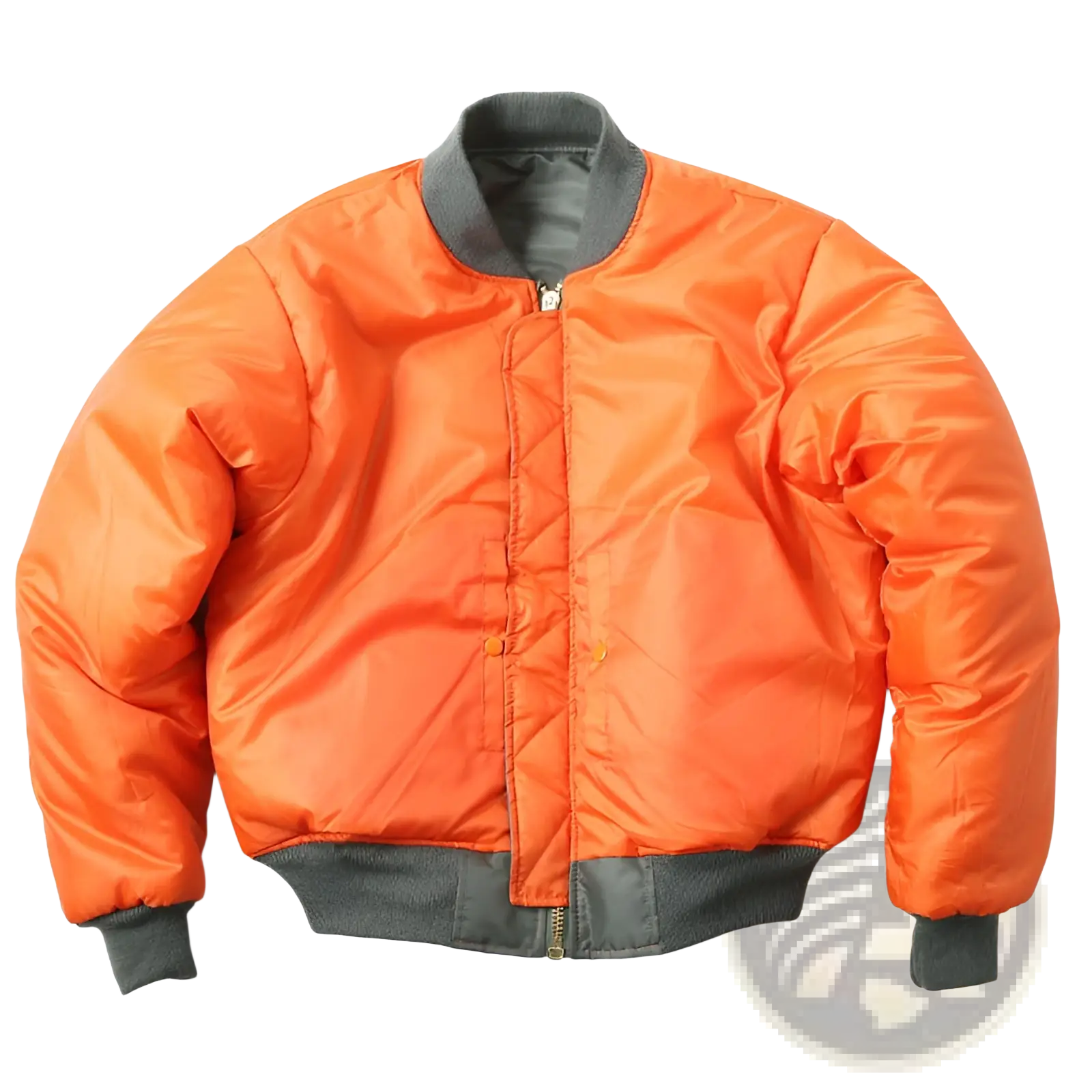 Men’s pilot cotton bomber jacket in bright orange with dark gray ribbed collar cuffs and waistband