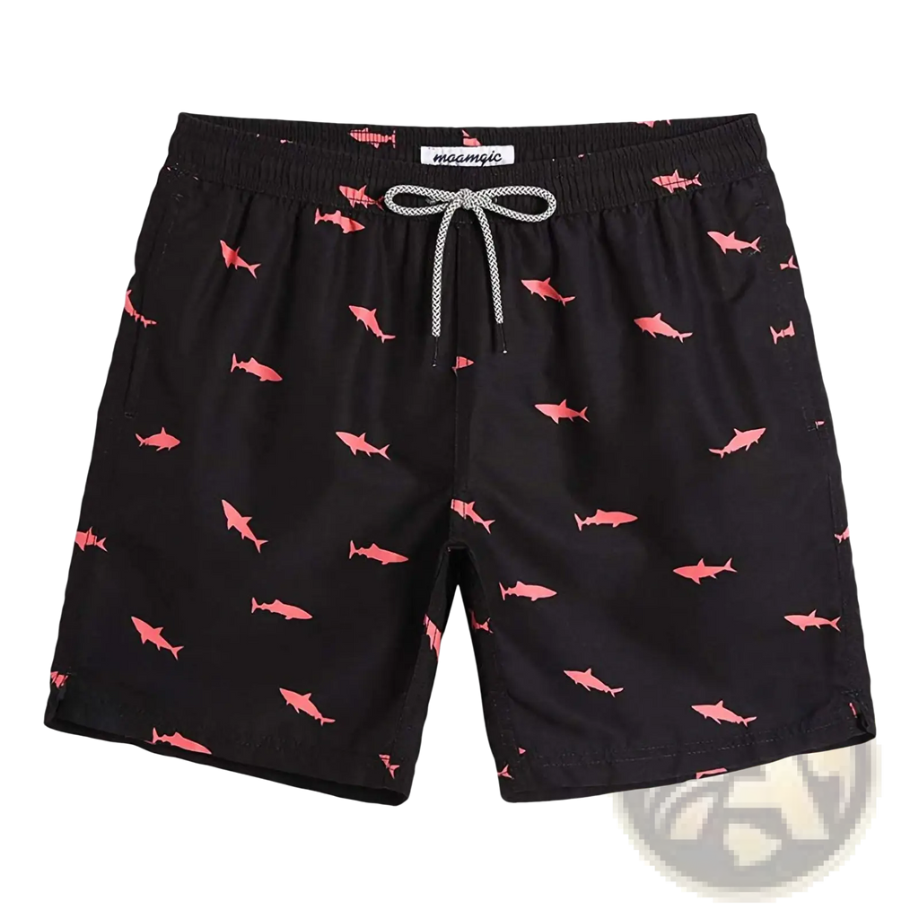 Black men’s quick dry swim trunks with pink shark print and white drawstring for beach and pool use
