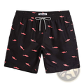 Black men’s quick dry swim trunks with pink shark print and white drawstring for beach and pool use