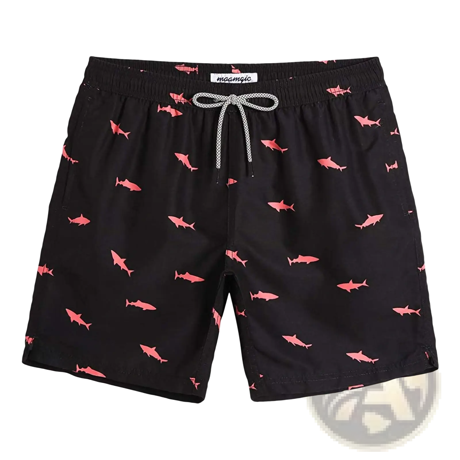 Black men’s quick dry swim trunks with pink shark print and white drawstring for beach and pool use