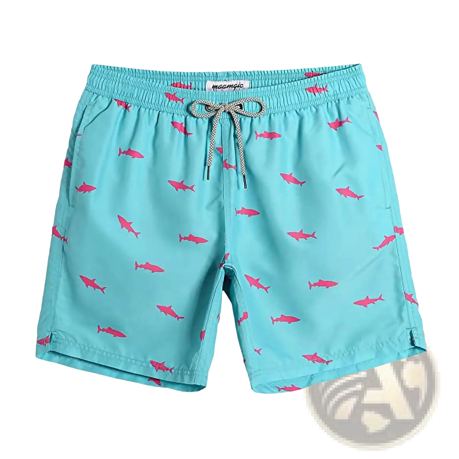 Men’s light blue quick dry swim trunks with pink shark prints and a gray drawstring waistband for swimming