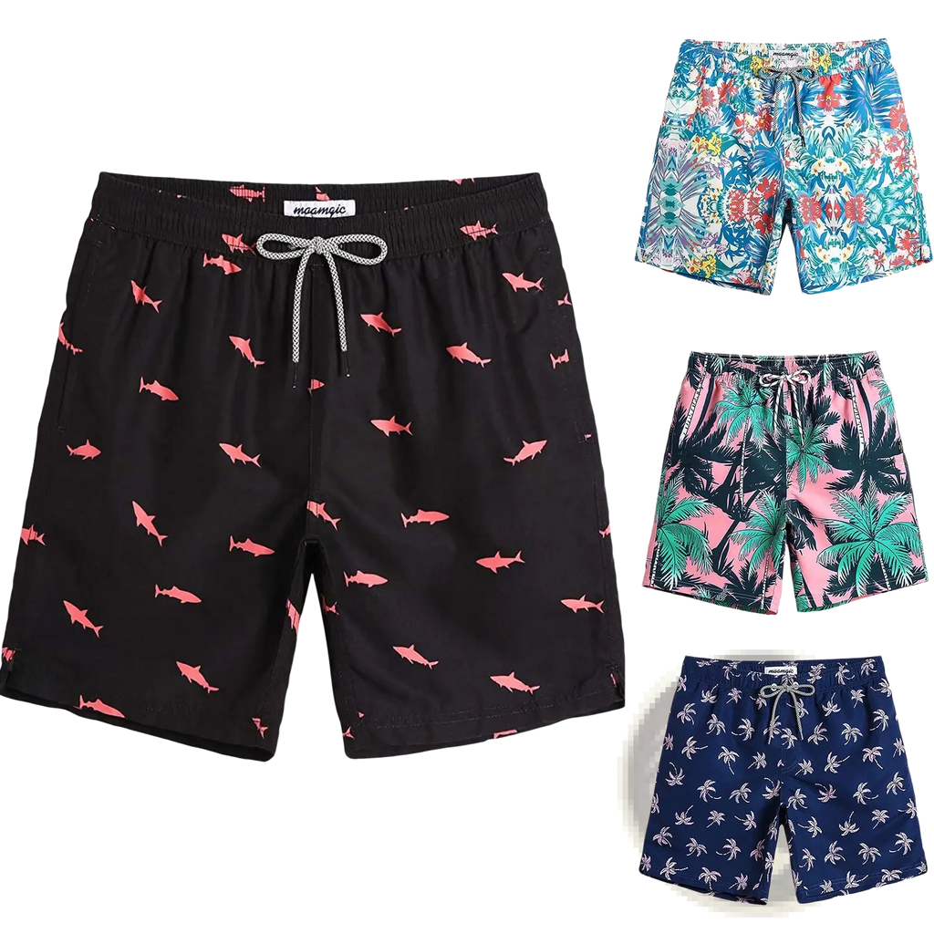 Men’s black quick dry swim trunks with pink shark print and matching drawstring ties for beachwear