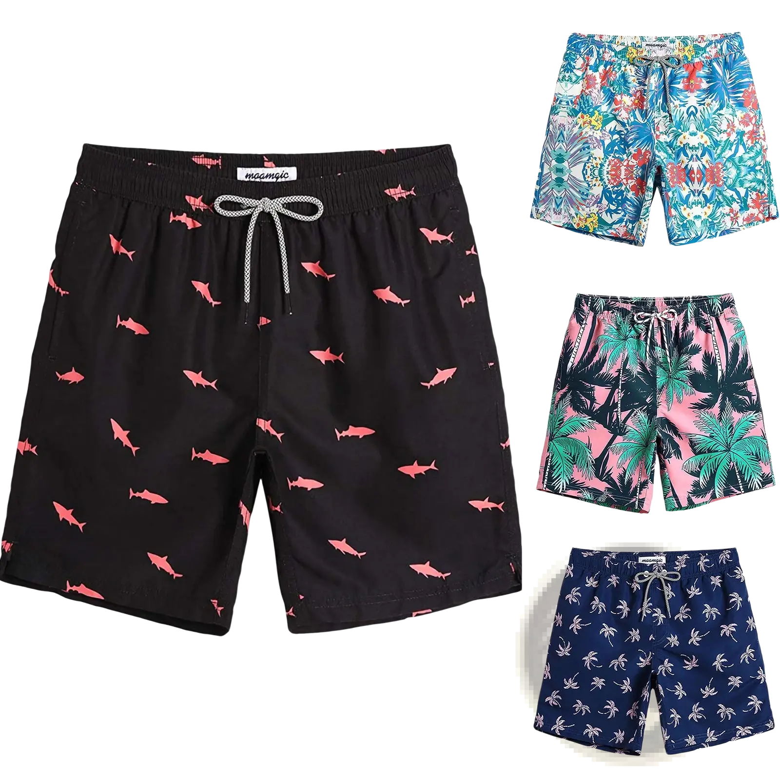 Men’s black quick dry swim trunks with pink shark print and matching drawstring ties for beachwear