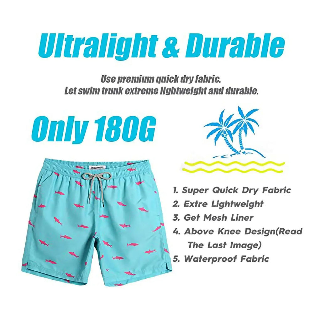 Men’s light blue quick dry swim trunks with pink shark prints and gray drawstring waistband for beachwear