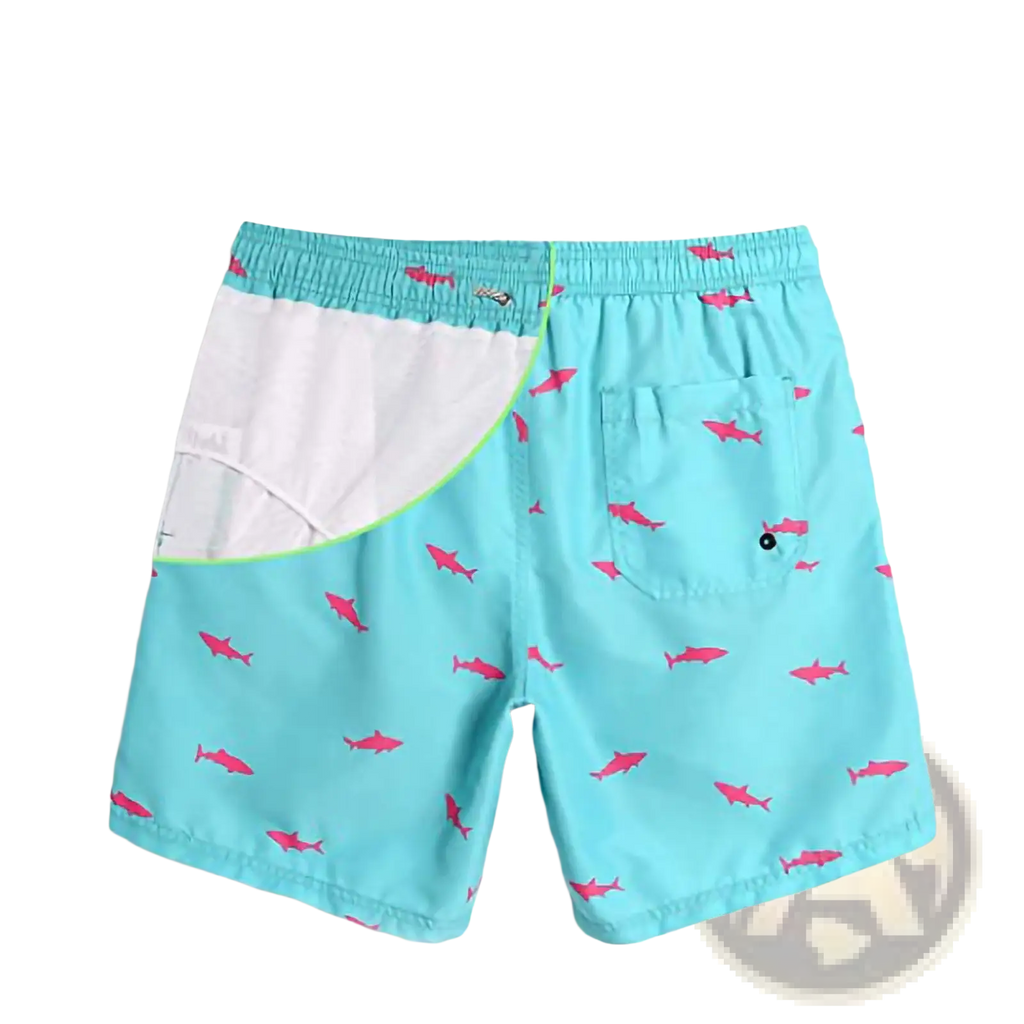 Men’s light blue quick dry swim trunks with pink shark prints and white mesh liner visible inside