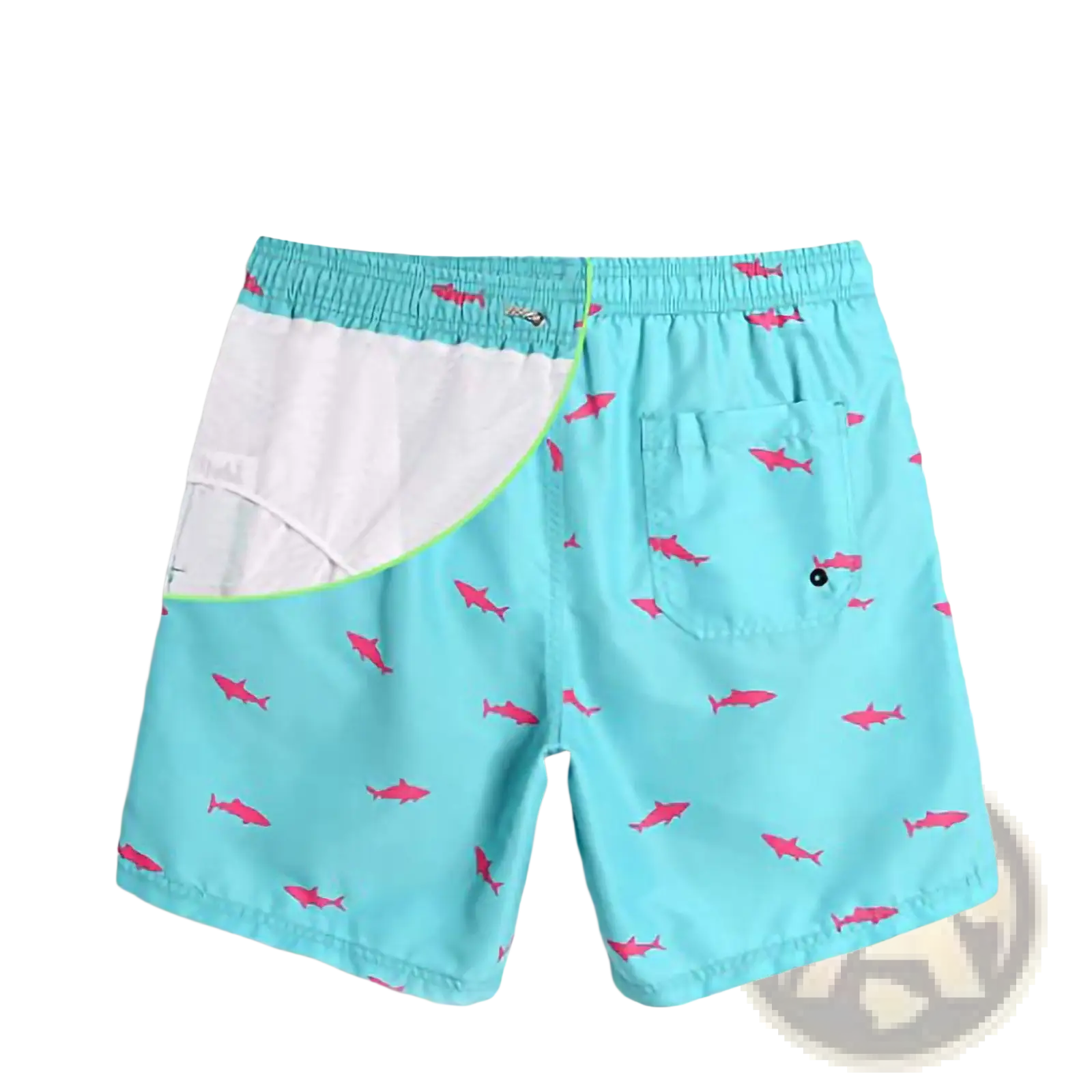 Men’s light blue quick dry swim trunks with pink shark prints and white mesh liner visible inside