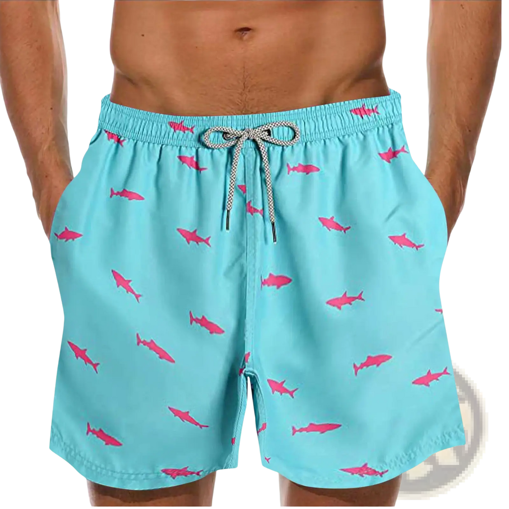 Men’s light blue quick dry swim trunks with pink shark print and gray drawstrings for playful beachwear