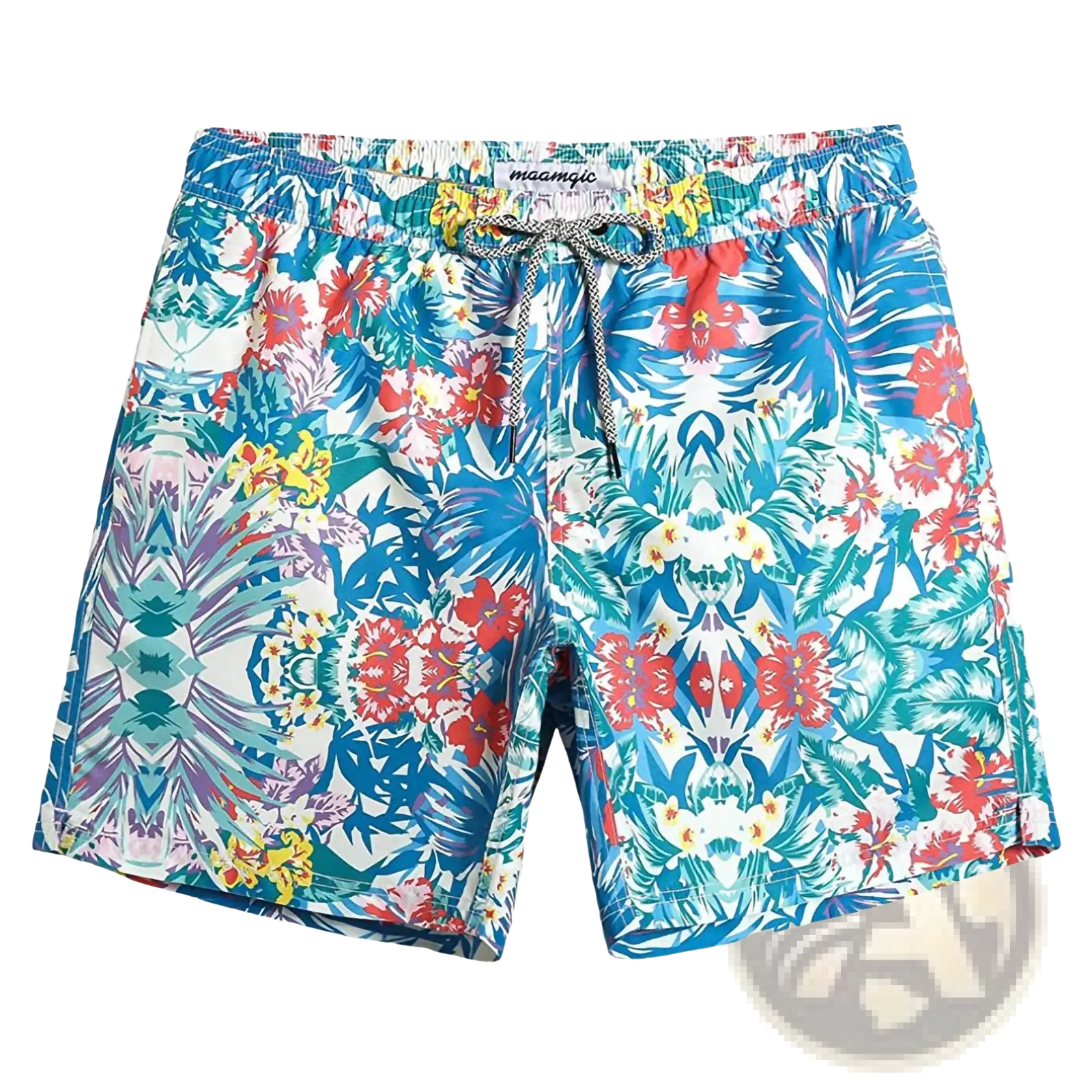 Men’s pink shark print quick dry swim trunks with vibrant tropical print in blue red and green floral pattern