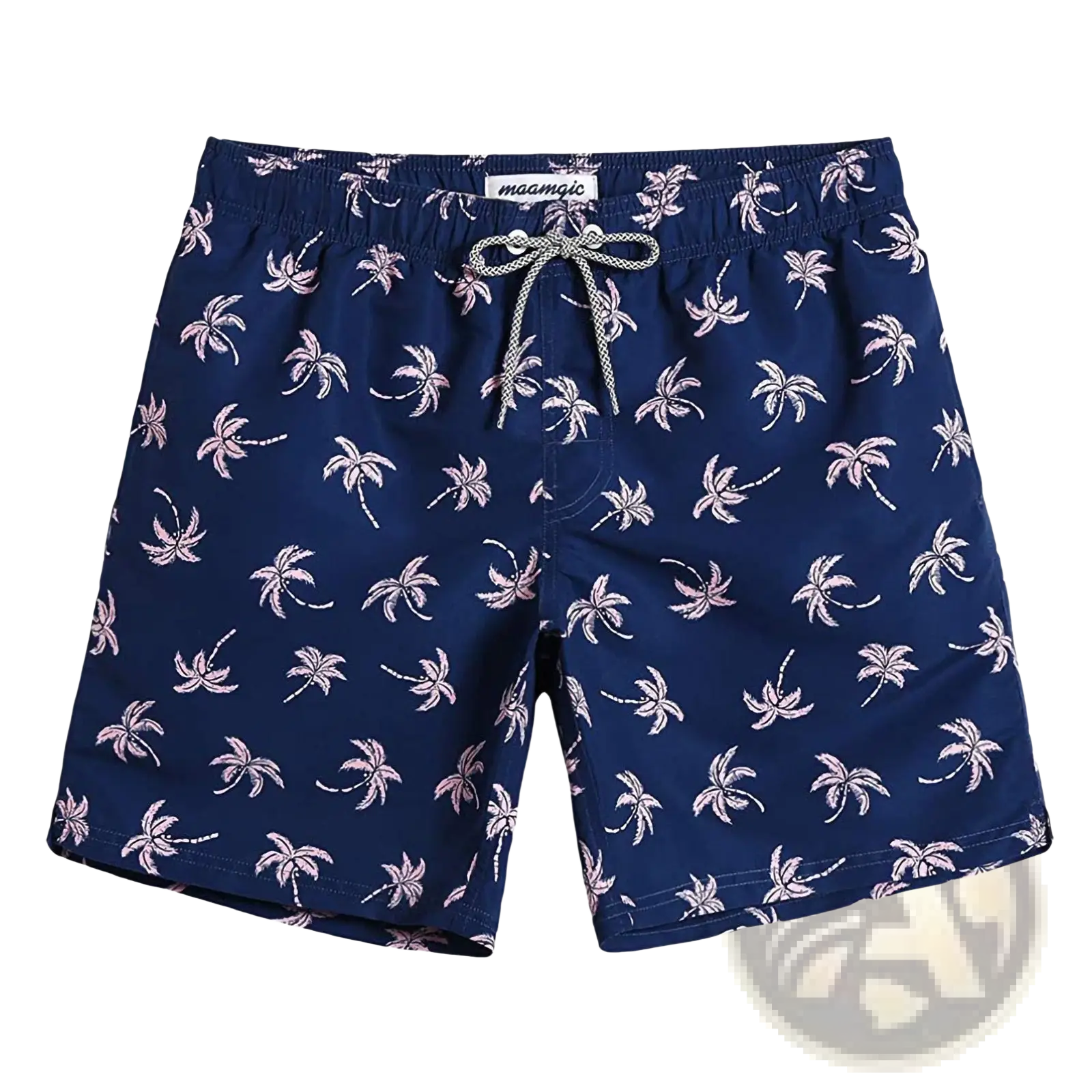 Men’s navy blue quick dry swim trunks with pink and white palm tree pattern and elastic waistband with drawstring