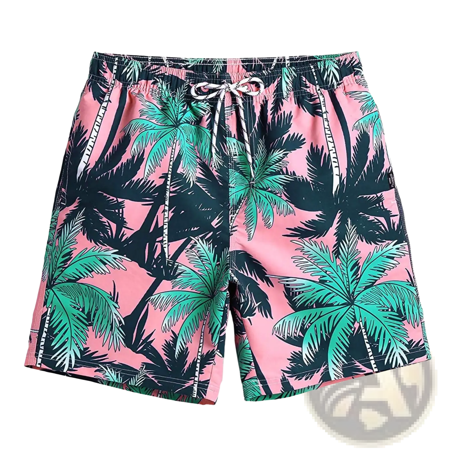 Men’s pink quick dry swim trunks with vibrant tropical green and black palm tree print and white drawstrings