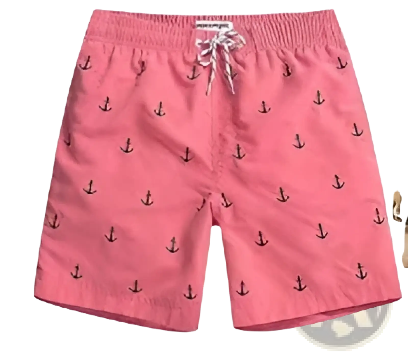 Men’s pink quick dry swim trunks featuring black shark prints and a drawstring waistband for secure fit