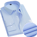 Men’s pinstripe slim fit dress shirt in light blue and white with classic collar button-down front and chest pocket