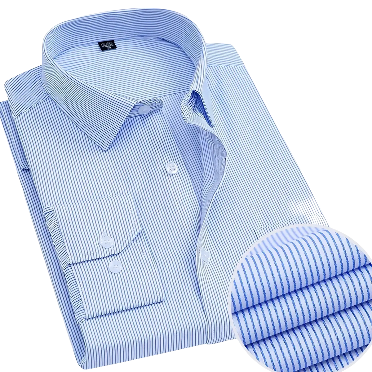 Men’s pinstripe slim fit dress shirt in light blue and white with classic collar button-down front and chest pocket