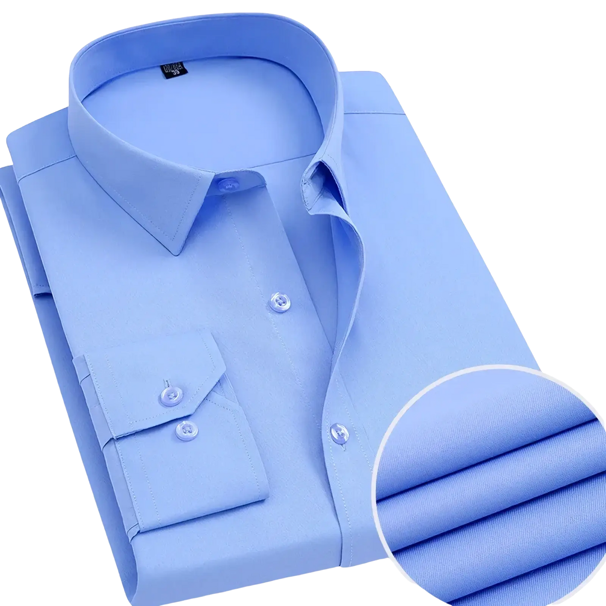 A crisp light blue men’s pinstripe dress shirt with classic collar and buttoned cuffs made from smooth woven fabric