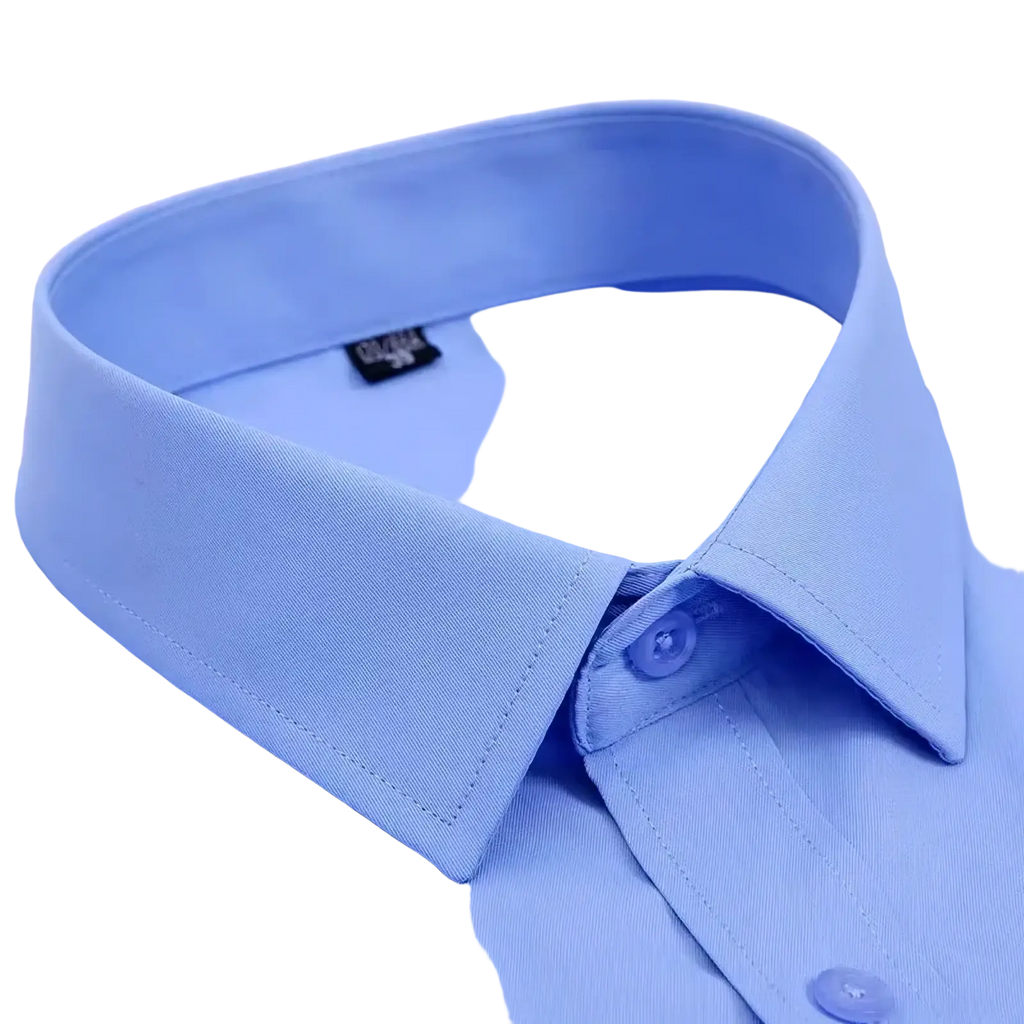 Men’s pinstripe slim fit business casual dress shirt in light blue cotton with a crisp collar and matching buttons