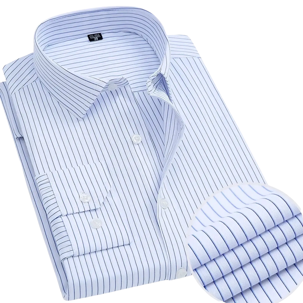 Men’s slim fit light blue pinstripe dress shirt with fine navy vertical stripes and white buttons for business casual wear