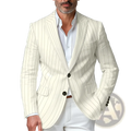 Cream-colored pinstripe mens slim fit blazer jacket with black buttons for formal and business occasions