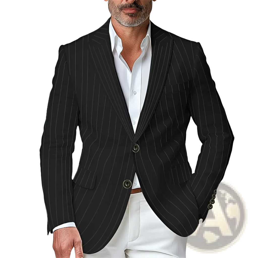 Mens pinstripe slim fit black blazer jacket with subtle vertical stripes and tailored fit for formal occasions